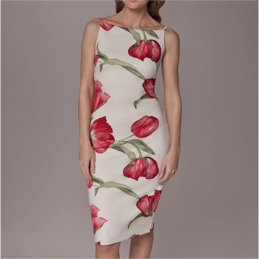 Donna Karan New York Sheath Dress Sleeveless Boat Neck  Size 12P‎ Beige Floral